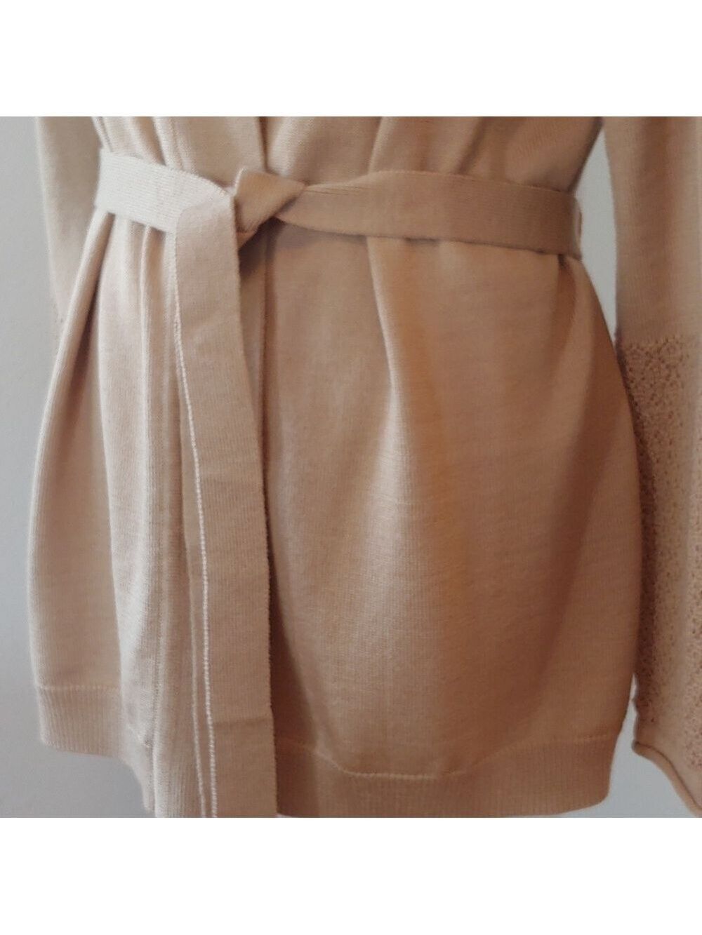 Calvin Klein Belted Wool Blend Wrap Cardigan Coat in Camel Tan Women's Large - Picture 7 of 16